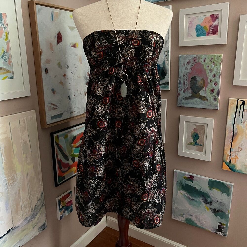Y2K Charlotte Russe Peacock Print Strapless Mini Dress Twee Indie Sleaze Size M